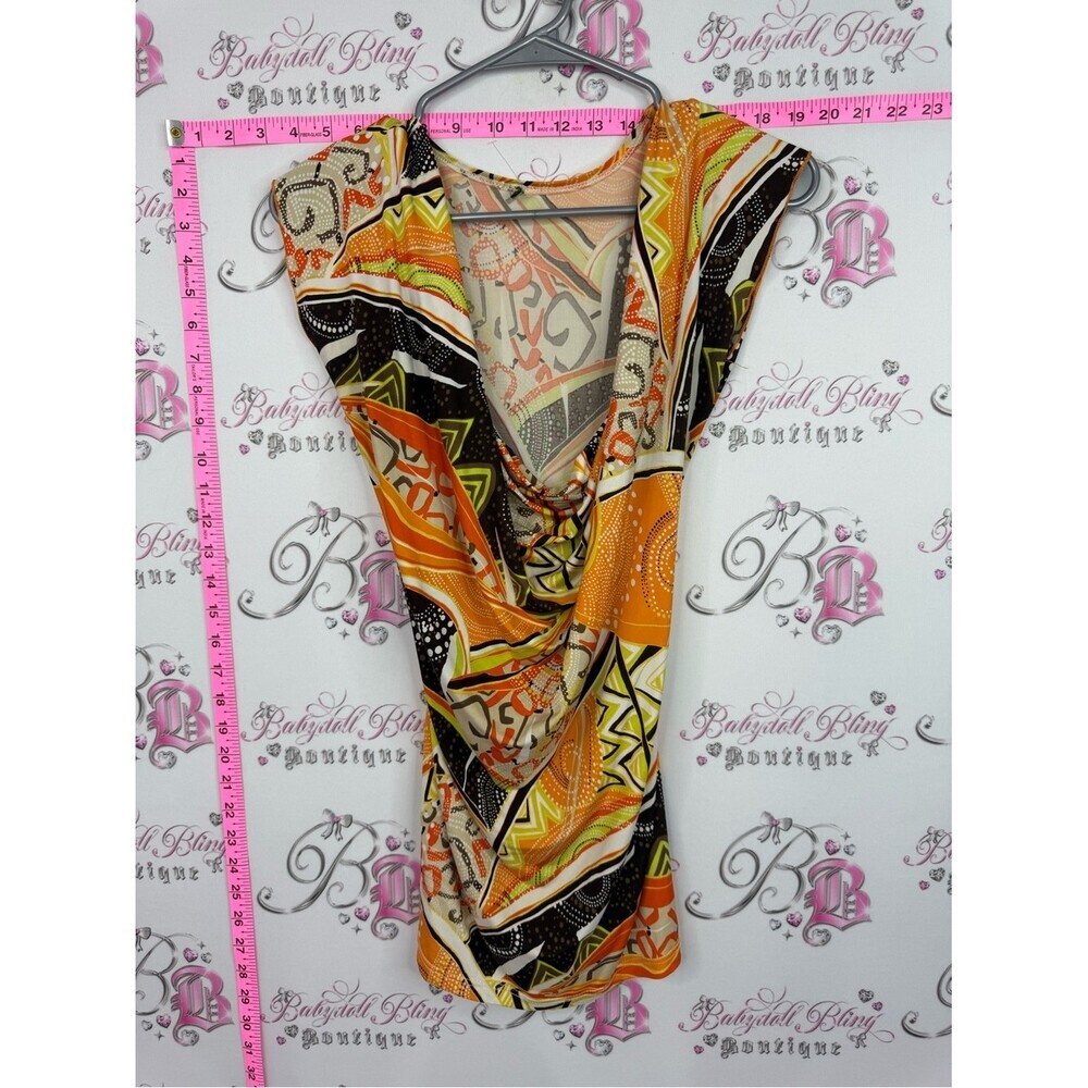 Top tiki y2k Vibrant Geometric Print Drape Front Top — Orange, Black, Green